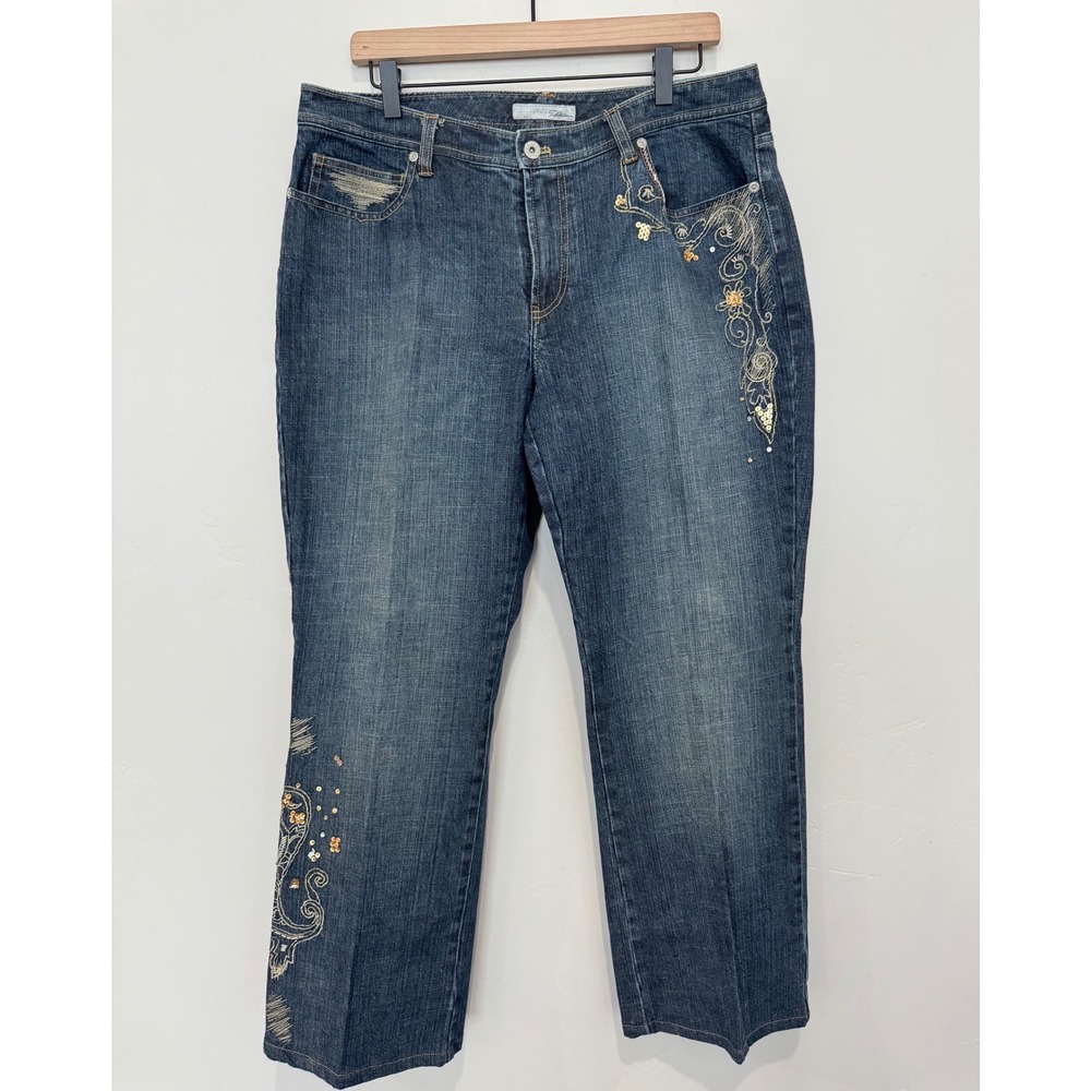 Chico's Platinum Embroidered Sequin Jeans Dark Wash Straight Ankle Blue 14 2.5